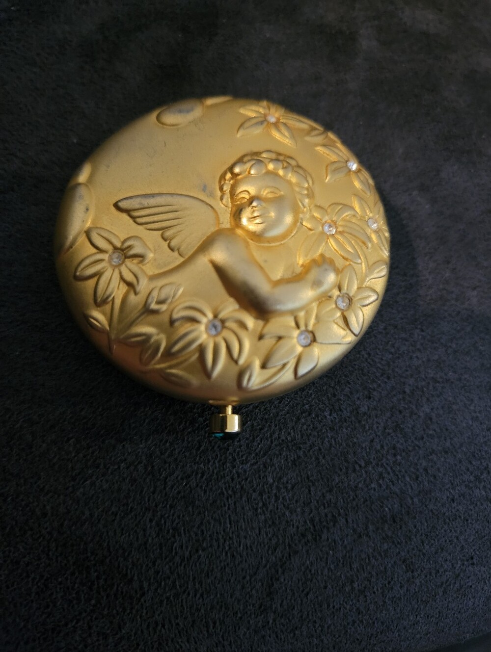 Estee Lauder May Angel Vintage Compact 1997 Gold Cherub Emerald Crystal Pressed